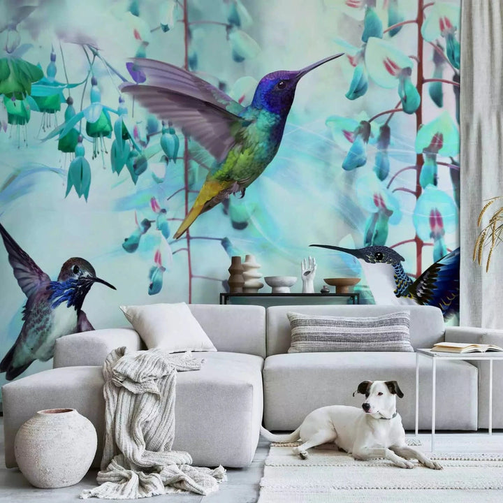 Fototapetes ar kolibri uz tirkīza fona - Lidojošie kolibri - viesistabai G-ART