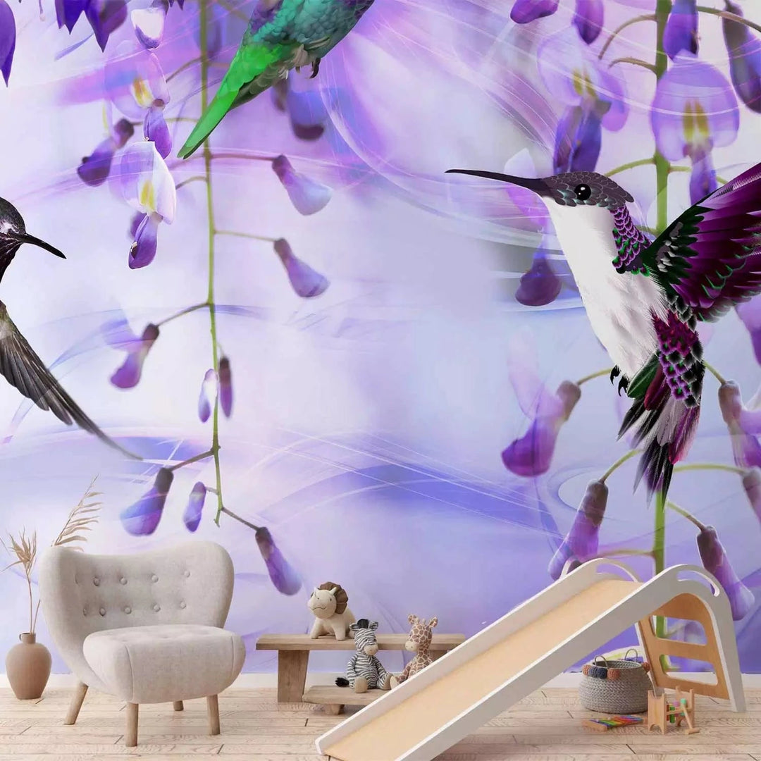 Fototapetes - Lidojoši kolibri starp ziediem violetā krāsā G-ART