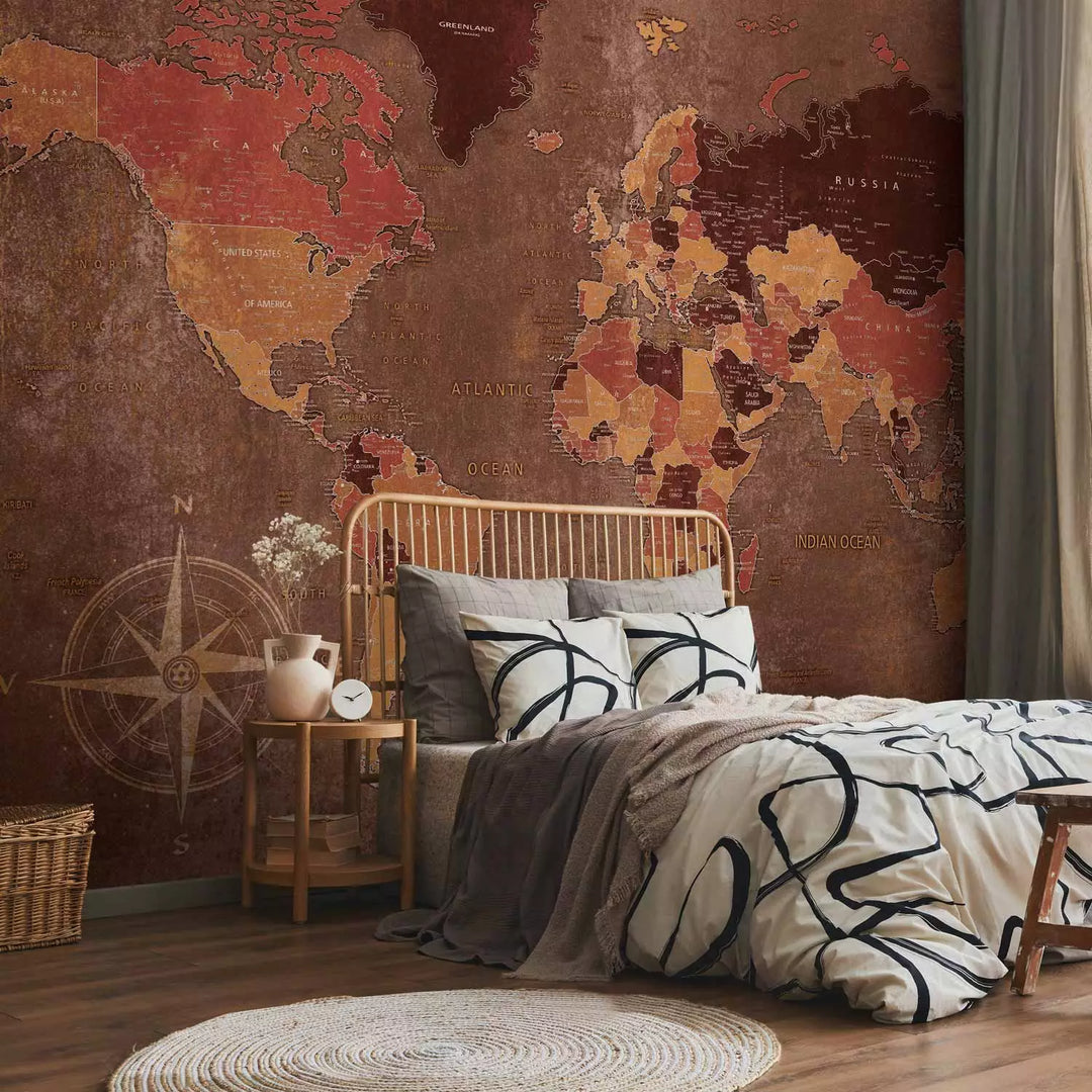 Fototapetes ar kontinentiem uz neviendabīga fona, brūnā krāsā G-ART