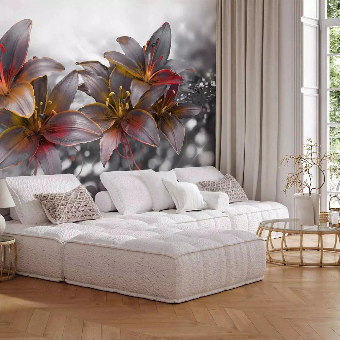 Fototapetes - melnbaltas lilijas ar oranžu akcentu uz pelēka fona G-ART
