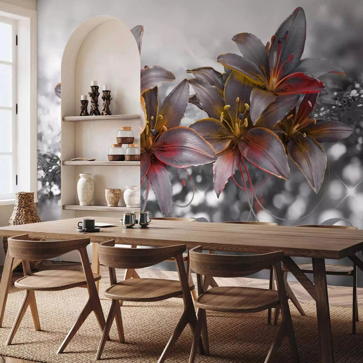 Fototapetes - melnbaltas lilijas ar oranžu akcentu uz pelēka fona G-ART