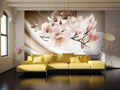 Valokuvatapetti magnolioilla - Magnolia-aallot, ruskea ja kerma, 61894 G-ART