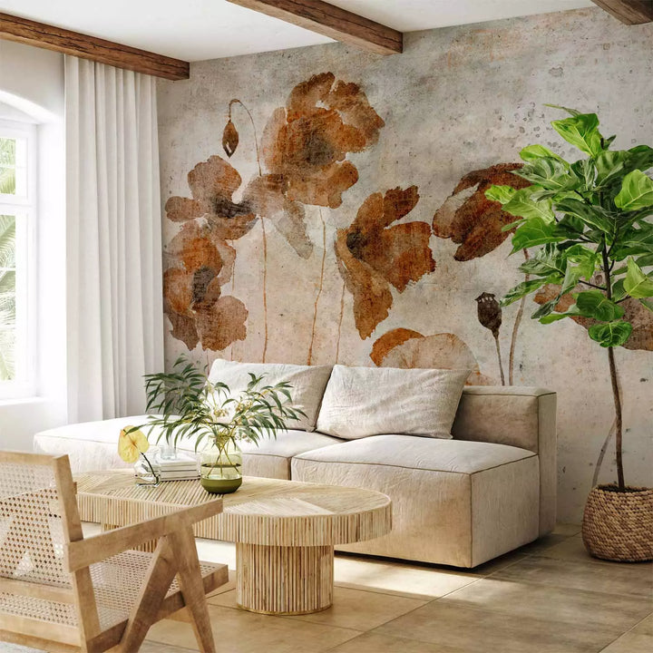 Fototapetes - Akvareļu magones – brūni ziedi uz pelēka fona G-ART