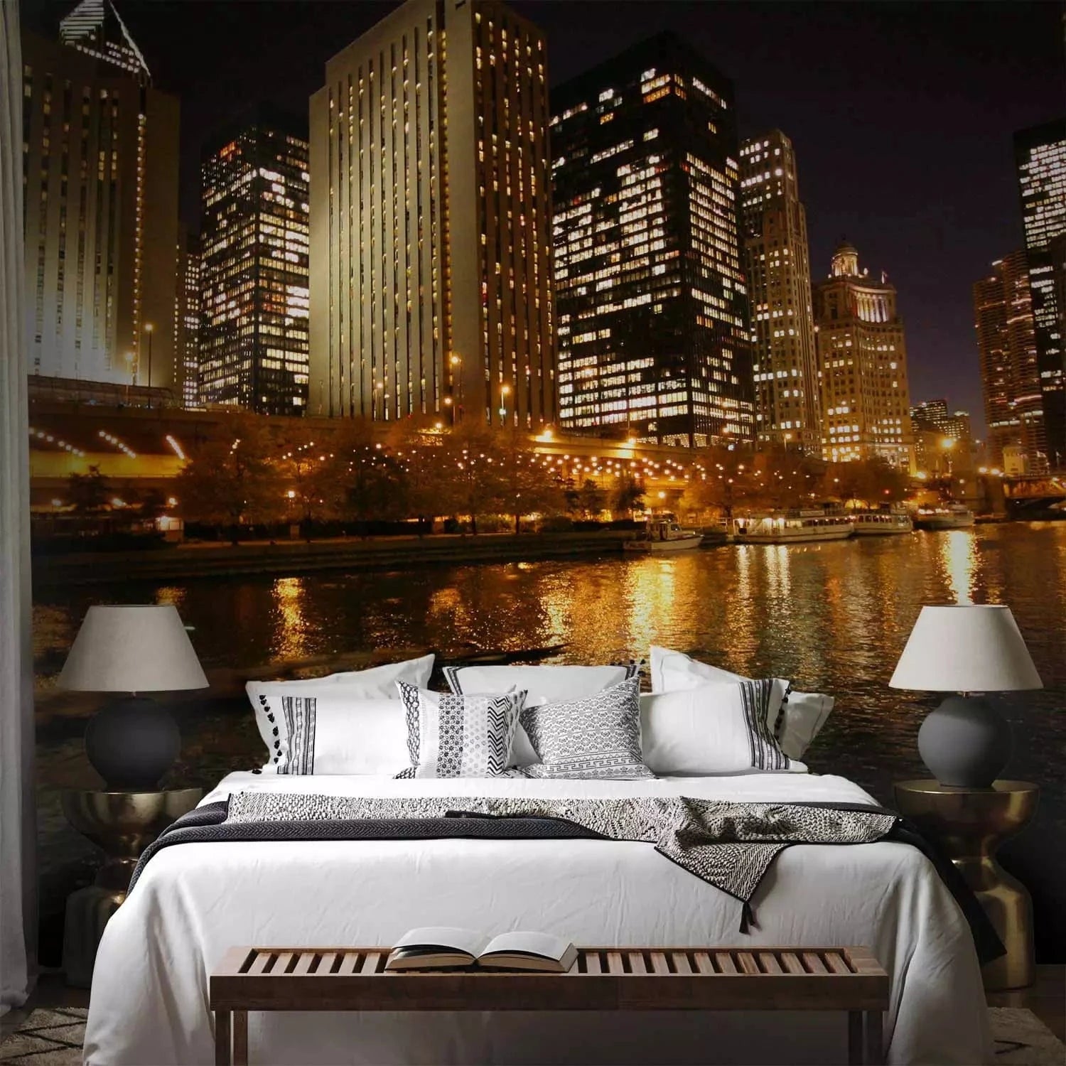 Fototapetes - pilsētas augstie debesskrāpji pie upes naktī G-ART