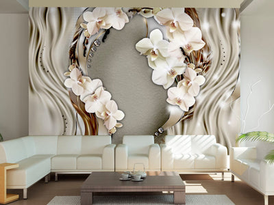 Fototapetes ar orhidejām uz eleganta satīna fona - Pārdomas, 60792 G-ART