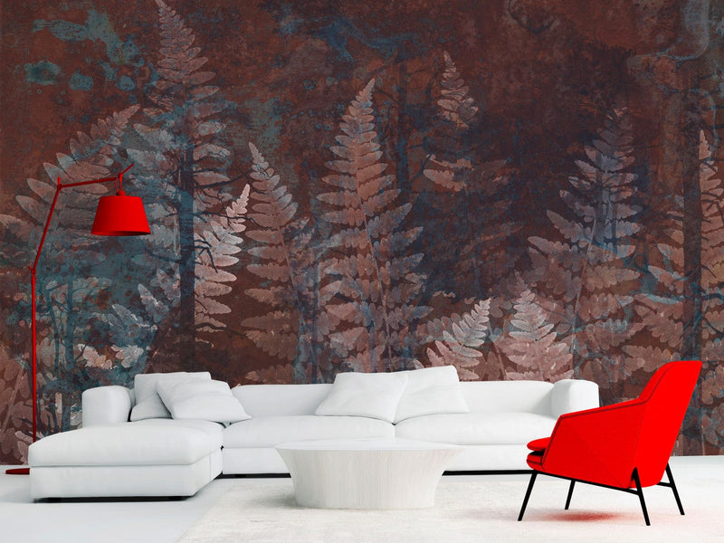Фотообои с листьями папоротника бордового цвета - Папоротниковый лес, 143045 G-ART