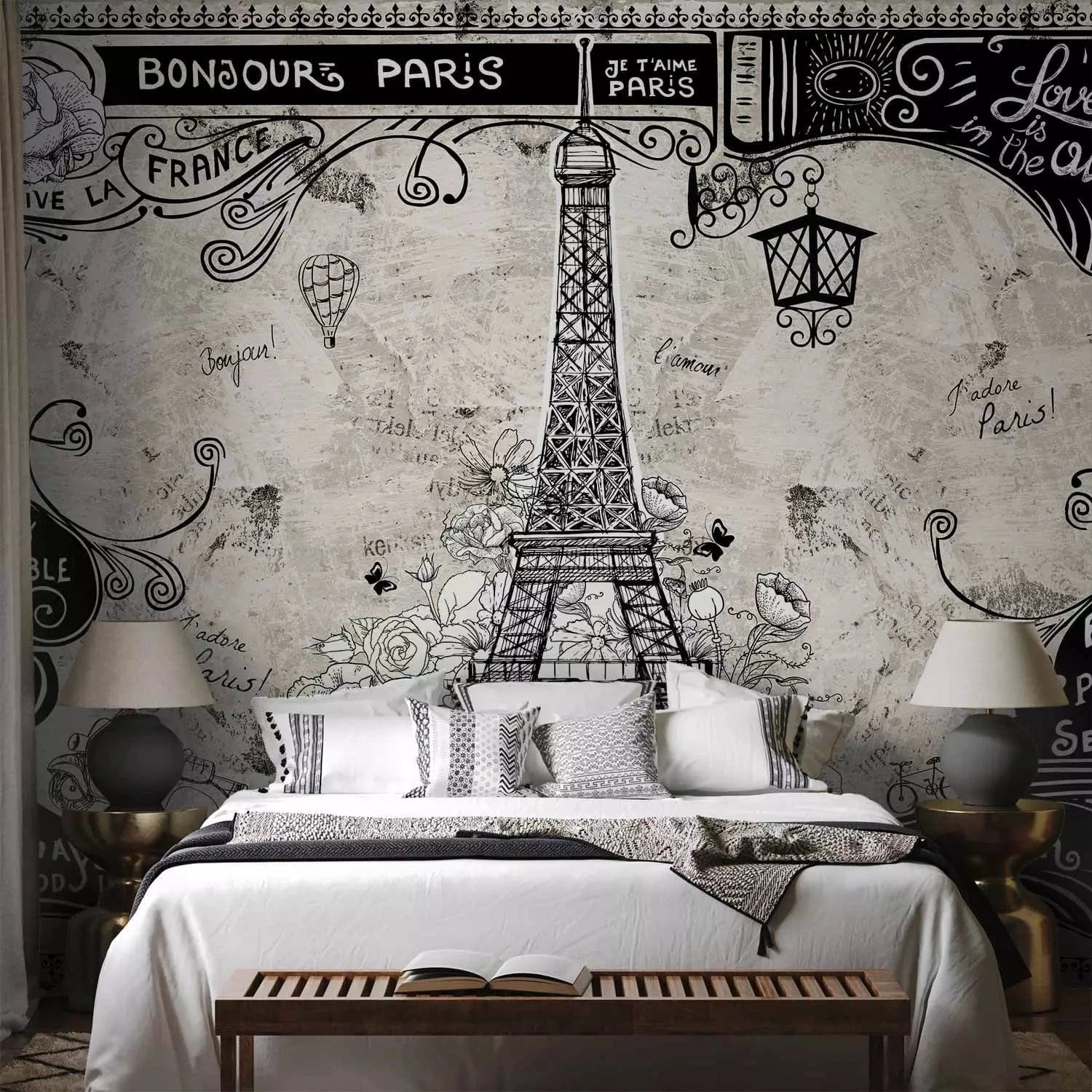 Fototapetes ar Parīzi - melnbalta kolāža ar Eifeļa torni franču stilā G-ART