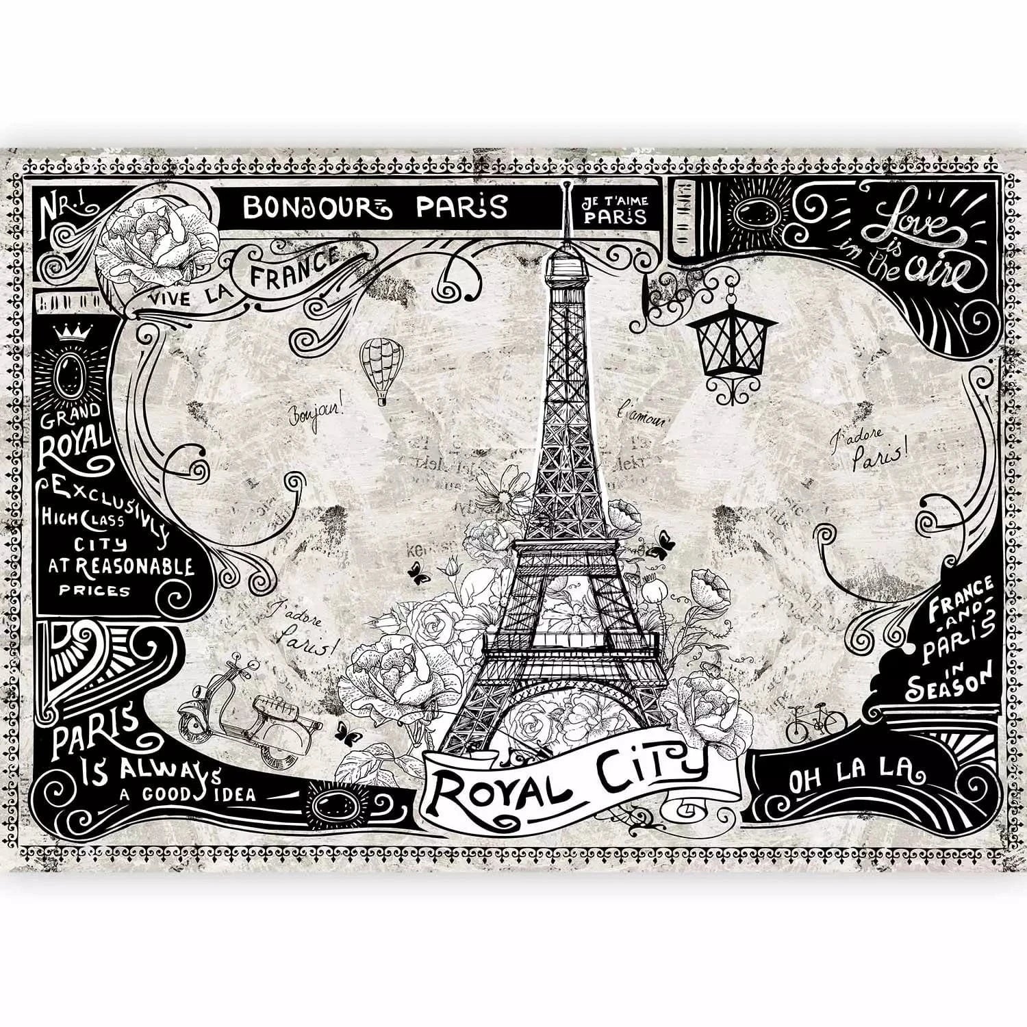 Fototapetes ar Parīzi - melnbalta kolāža ar Eifeļa torni franču stilā G-ART