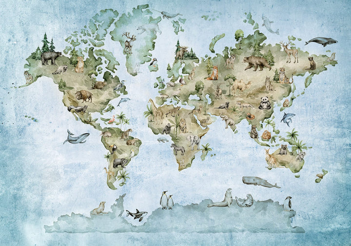 Children’s wall murals featuring a world map and animals in a watercolour style