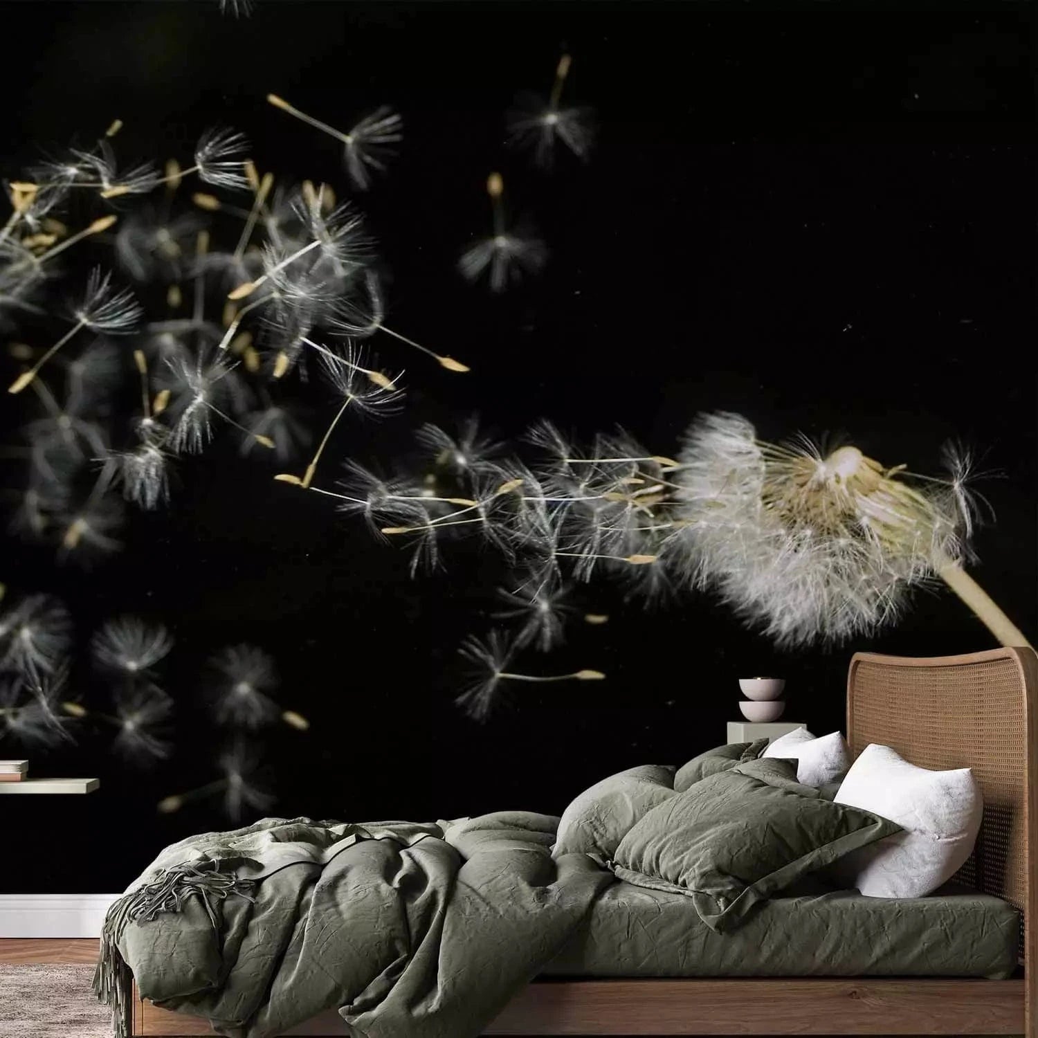 Fototapetes ar pienenēm - Pienenes vējā uz melna fona, viesistabā G-ART