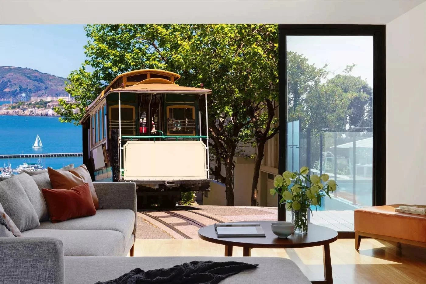 Fototapetes ar pilsētas skatu - Kalifornijas vagoniņš, zilā, zaļā krāsā D-ART