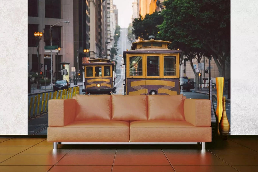 Fototapetes ar pilsētas skatu - Sanfrancisko trolejbusi, pelēka, dzeltena D-ART