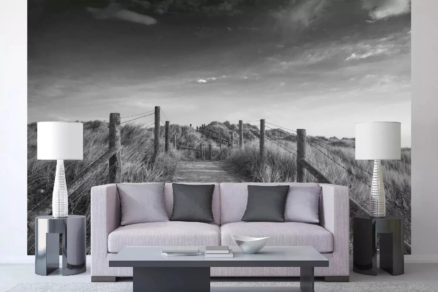 Fototapetes ar pludmali - Ainava rītausmā, melnbaltas, 375x250 cm D-ART