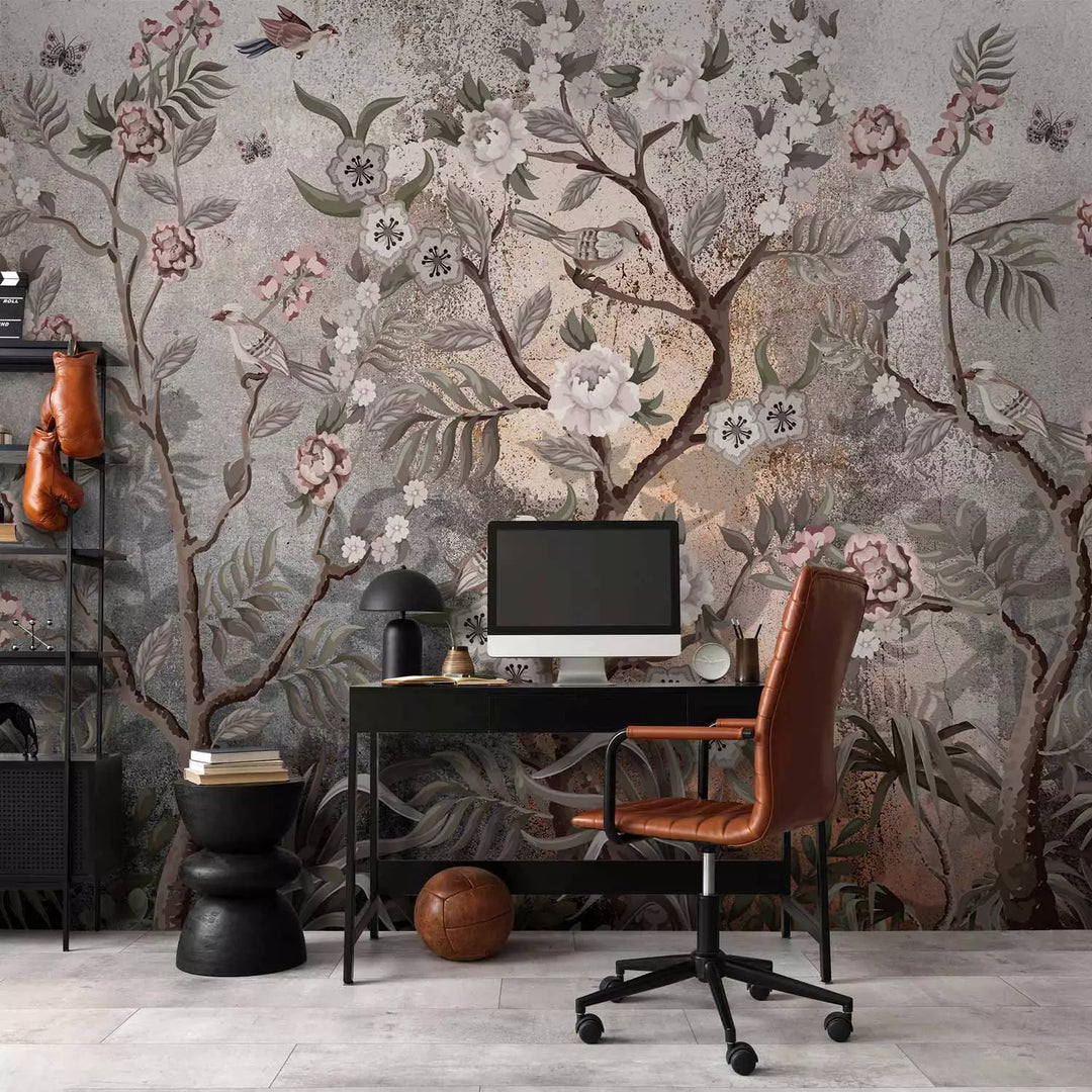 Fototapetes ar putniem uz ziediem, pelēkā un rozā, 138587 G-ART