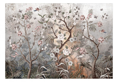 Fototapetes ar putniem uz ziediem, pelēkā un rozā, 138587 G-ART
