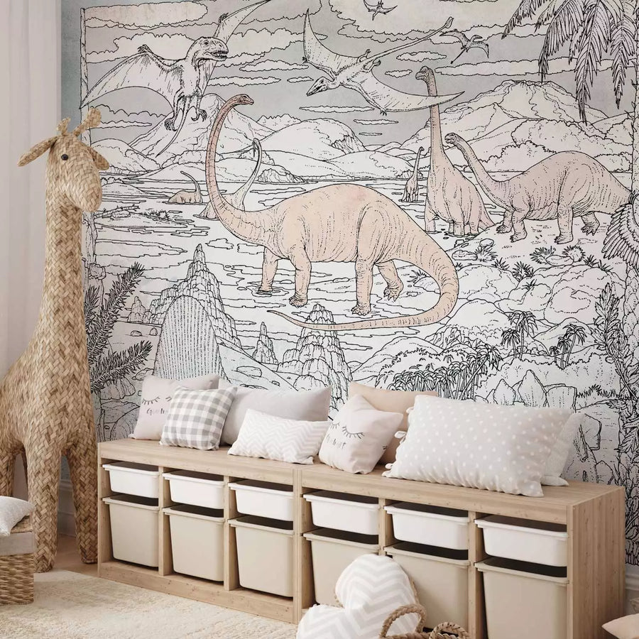 Bērnu fototapetes - Ar roku zīmēti dinozauri pasteļkrāsāsās G-ART