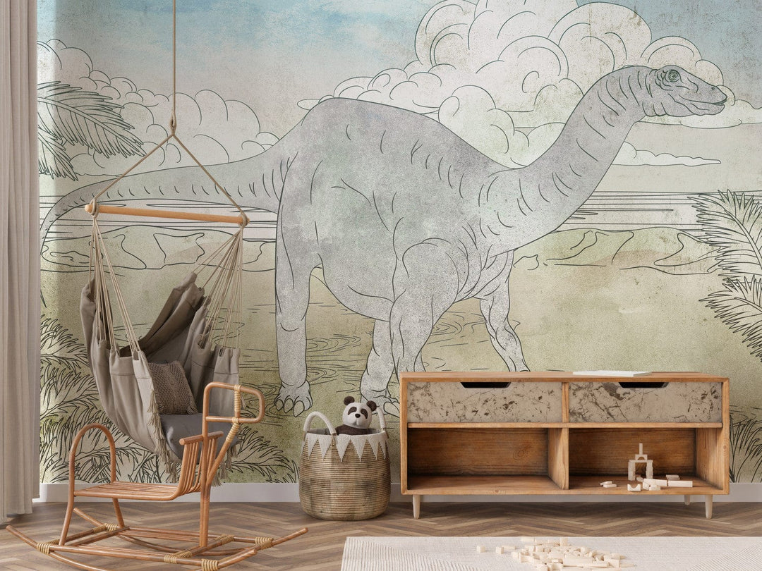 Fototapetes Dinozauru - Ar roku zīmēts dinozaurs pasteļkrāsāsās G-ART