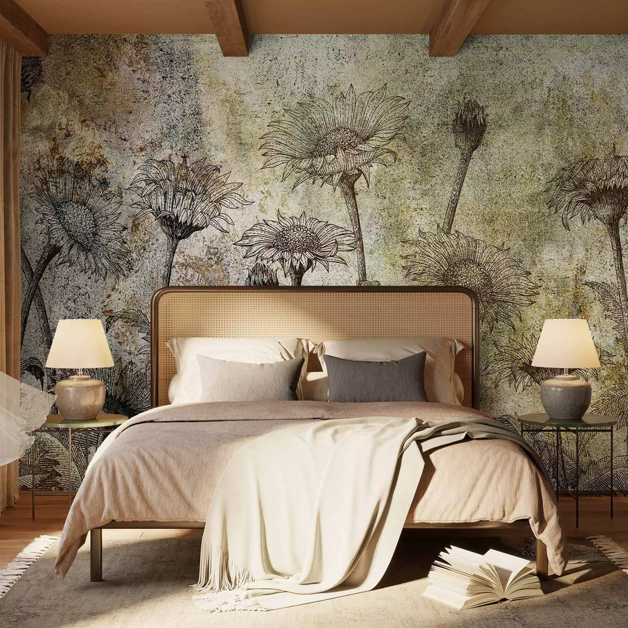 Fototapetes ar saulespuķēm - ziedošs lauks ar lapām retro stilā G-ART