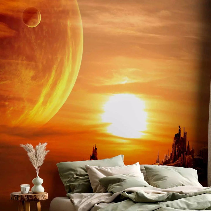 Fototapetes ar saulrietu - Saulriets uz citas planētas, oranžā krāsā G-ART