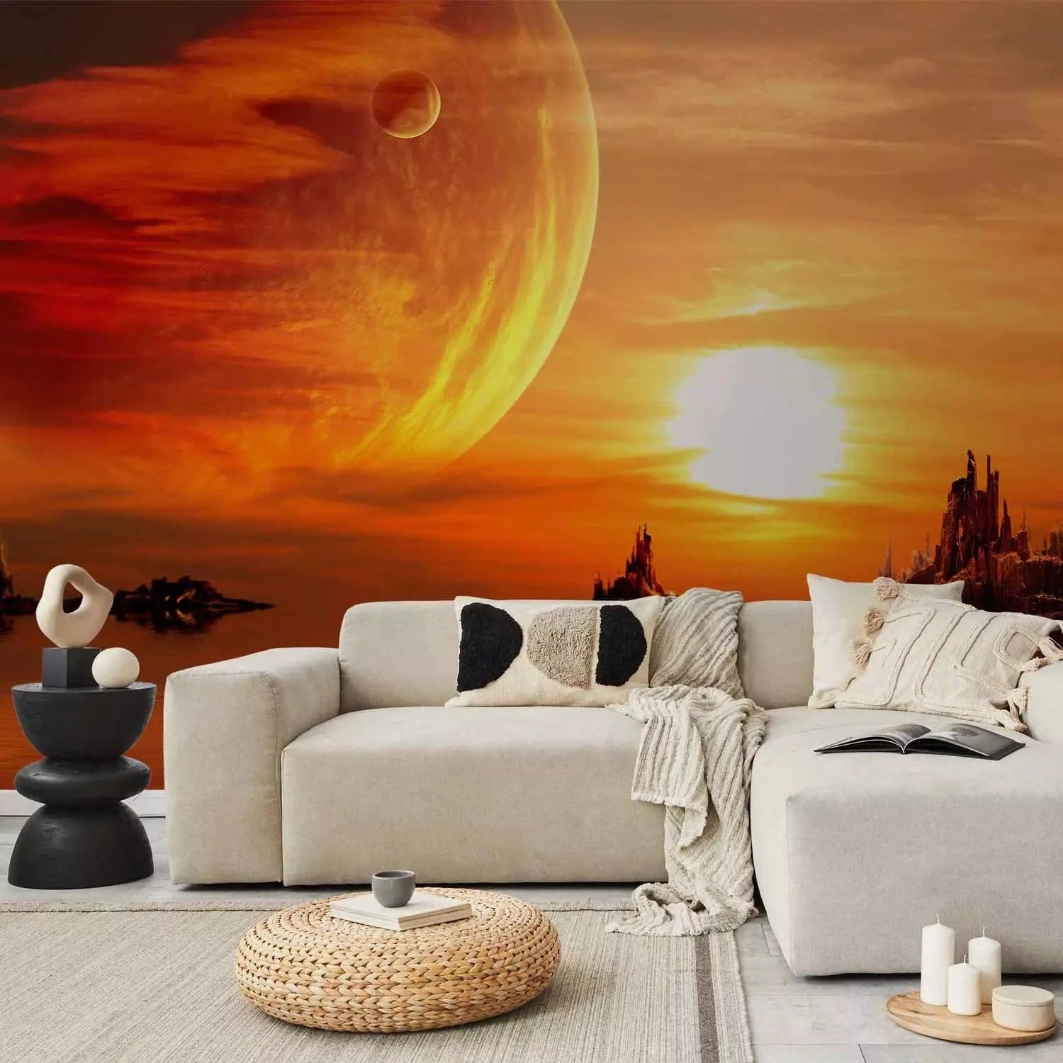 Fototapetes ar saulrietu - Saulriets uz citas planētas, oranžā krāsā G-ART