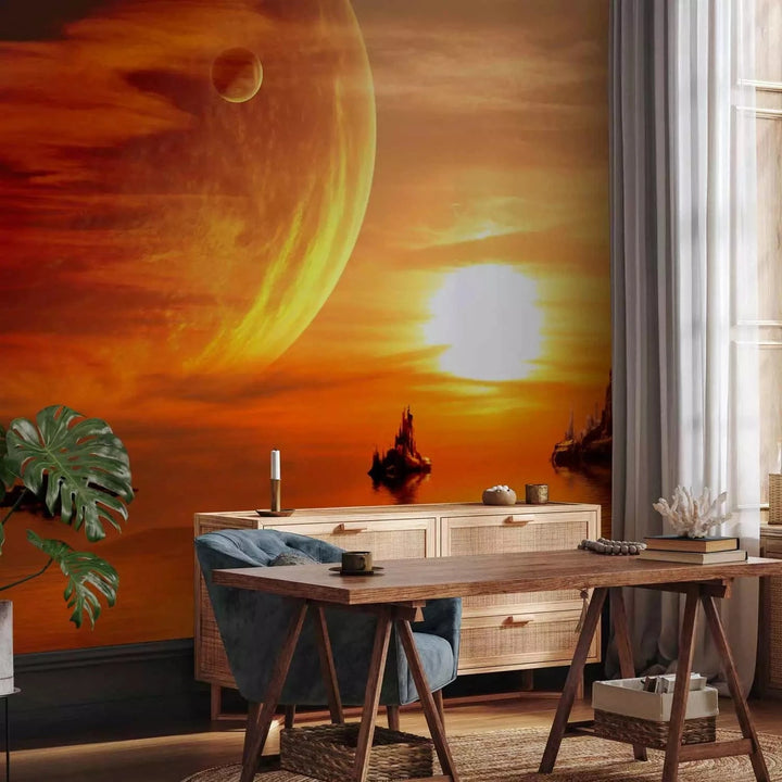 Fototapetes ar saulrietu - Saulriets uz citas planētas, oranžā krāsā G-ART