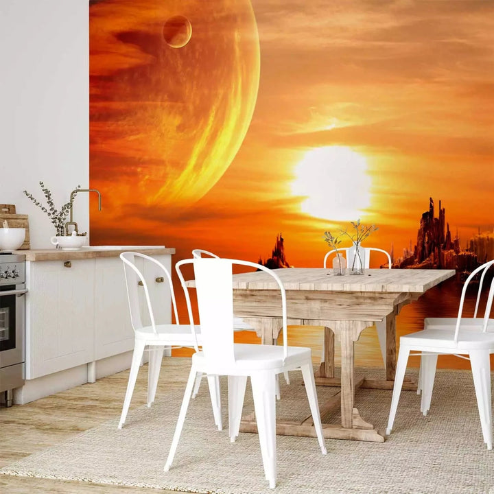 Fototapetes ar saulrietu - Saulriets uz citas planētas, oranžā krāsā G-ART