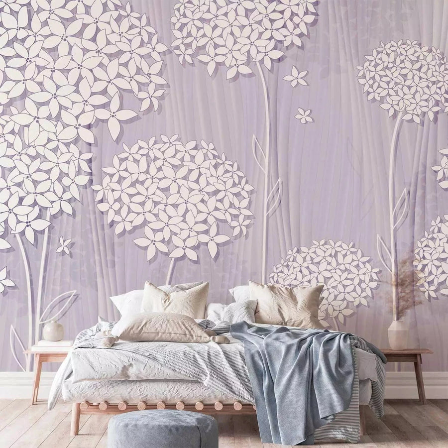 Fototapetes ar stilizētiem ziediem maigi violetā krāsā - viesistabai G-ART