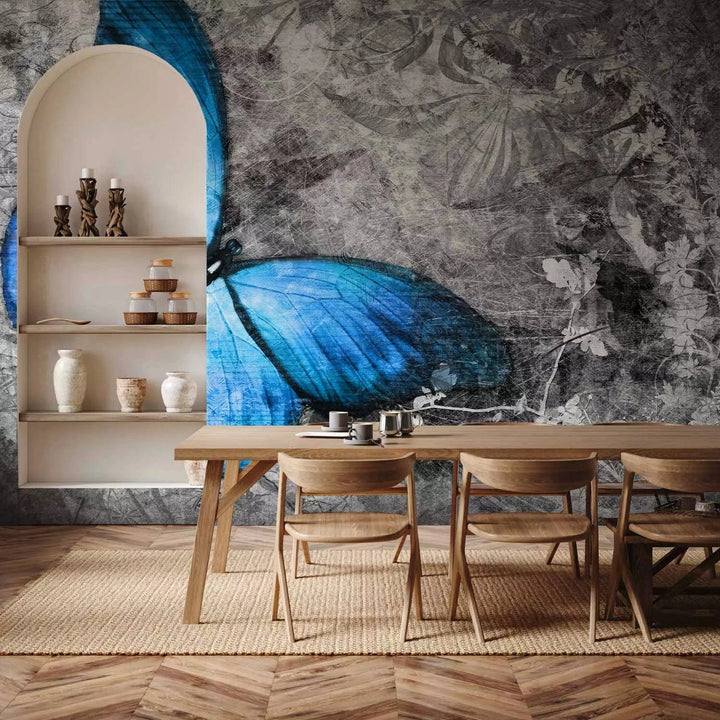 Fototapetes ar tauriņiem - Zils tauriņš, zilā/pelēkā krāsā G-ART