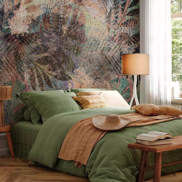 Fototapetes ar tropiskam daudzkrāsainām lapām vintāžas stilā G-ART