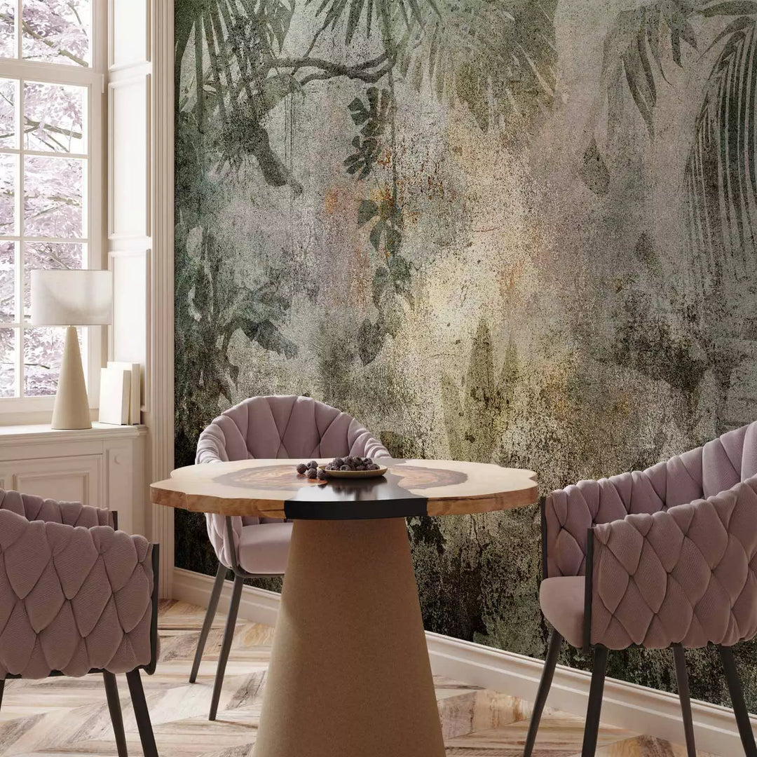 Fototapetes - Tropu mežs ar palmu un banānu lapām pasteļtoņos G-ART