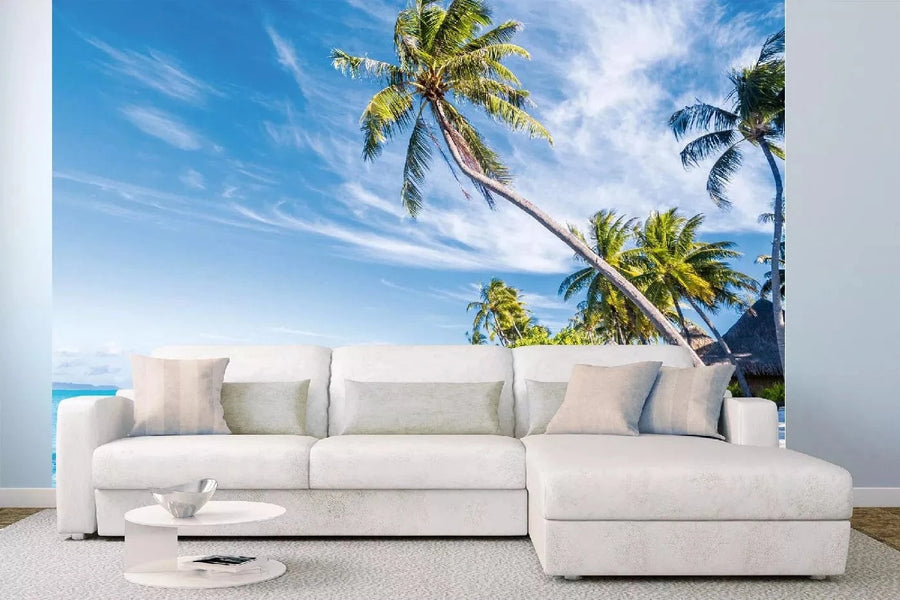 Fototapetes ar tropisko jūras skatu - Palma uz Bora Bora, zilā krāsā D-ART
