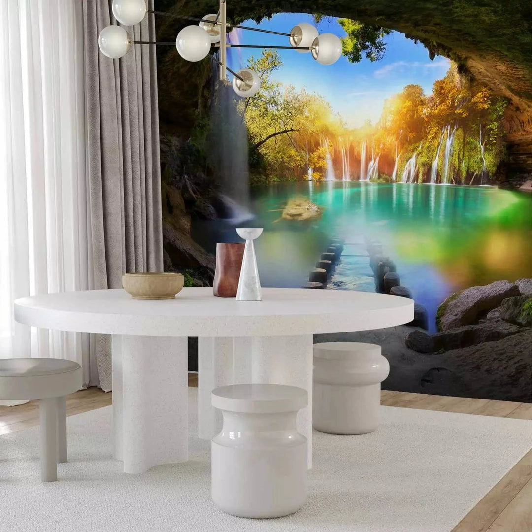 Fototapetes 3D ar ezeru un nelielu ūdenskritumu - Tirkīza ezers G-ART
