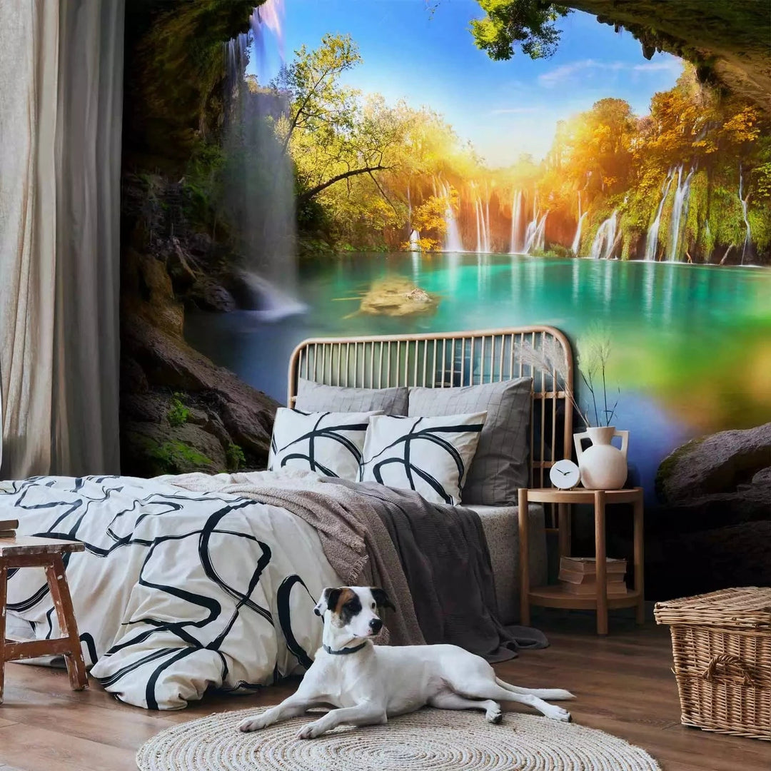 Fototapetes 3D ar ezeru un nelielu ūdenskritumu - Tirkīza ezers G-ART