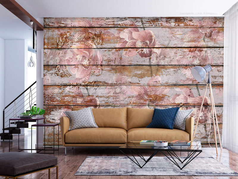 Wall Murals with vintage flowers and wooden pattern, 142774 G-ART