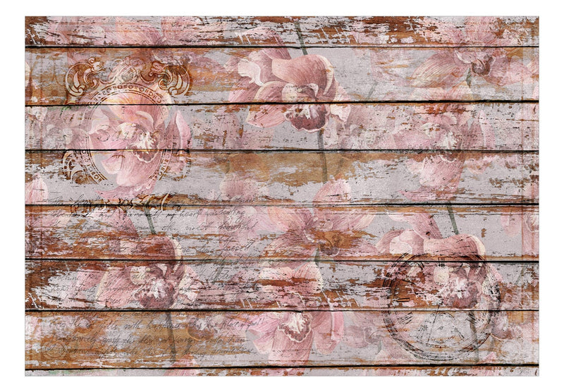 Wall Murals with vintage flowers and wooden pattern, 142774 G-ART
