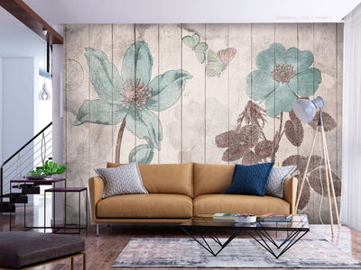 Wall Murals with vintage flowers on wood - Rural idyll, 142728 G-ART