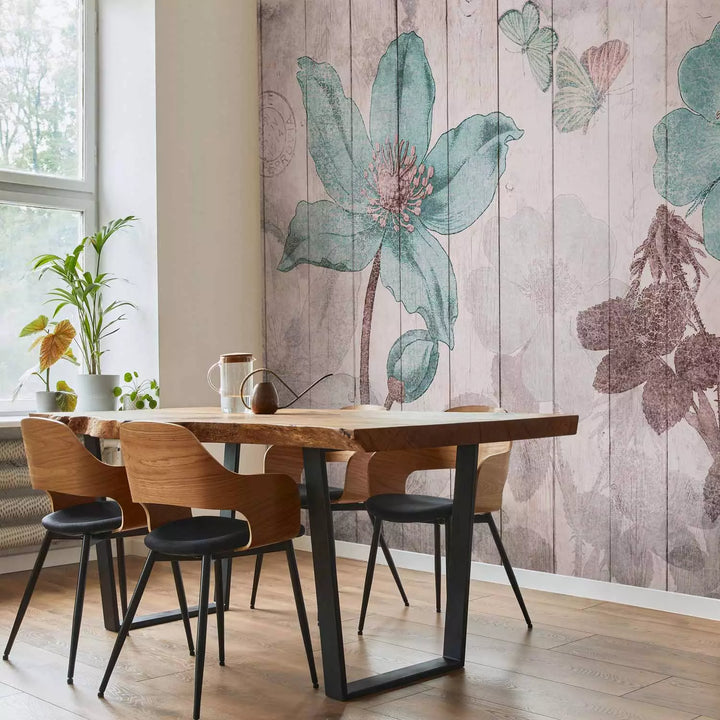 Fototapetes ar vintāžas ziediem - ziedu motīvs uz balta koka dēļu fona G-ART