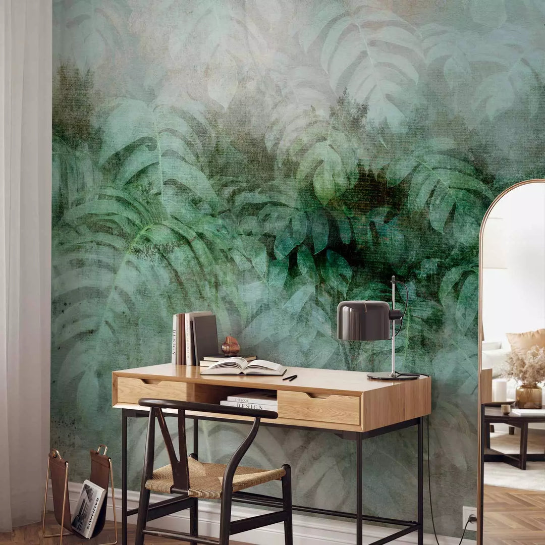 Fototapetes ar zaļam lapām - abstrakts džungļu motīvs ar lapām miglā G-ART