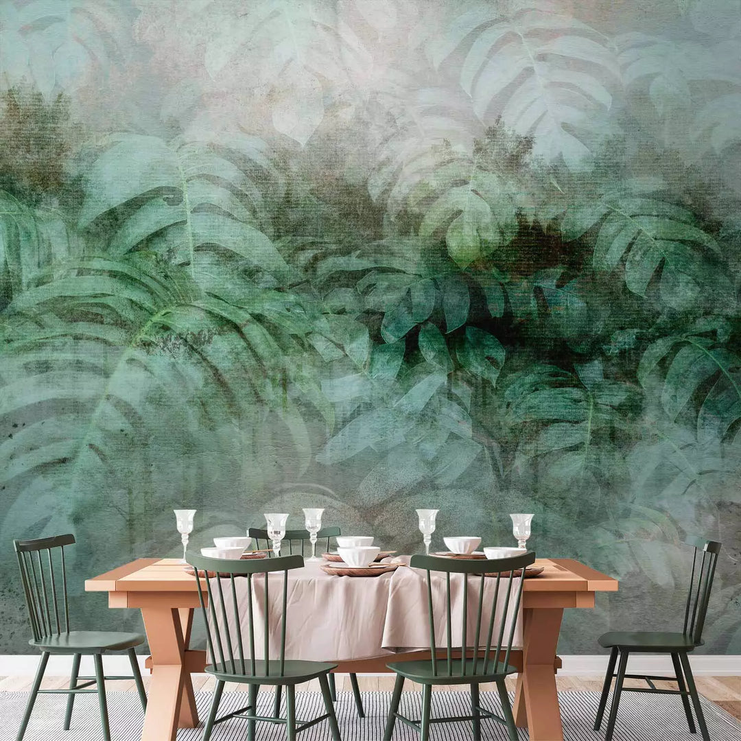 Fototapetes ar zaļam lapām - abstrakts džungļu motīvs ar lapām miglā G-ART