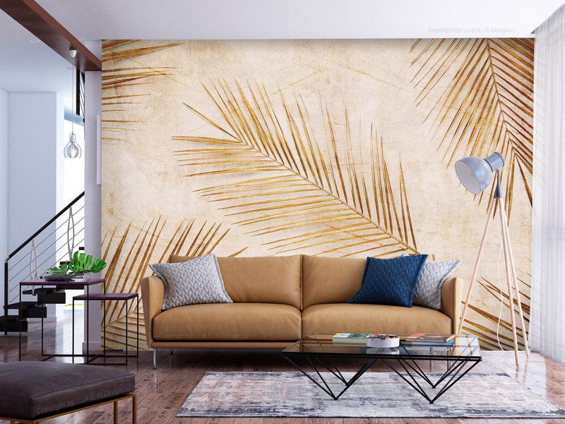 Wall Murals with gold palm leaves on light beige background, 142730 G-ART