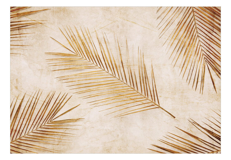 Valokuvatapetti kultaiset palmunlehdet vaalean beigellä pohjalla, 142730 G-ART
