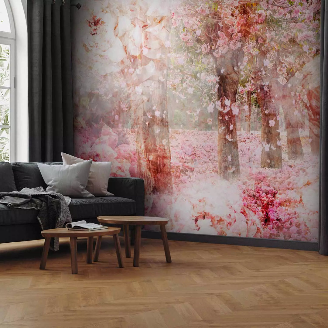 Fototapetes ar ziediem rozā krāsā - ainava ar ziedošiem kokiem  G-ART