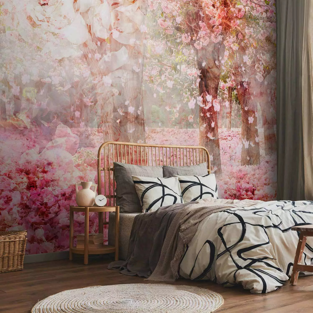 Fototapetes ar ziediem rozā krāsā - ainava ar ziedošiem kokiem  G-ART