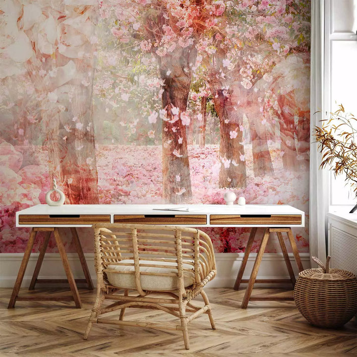 Fototapetes ar ziediem rozā krāsā - ainava ar ziedošiem kokiem  G-ART