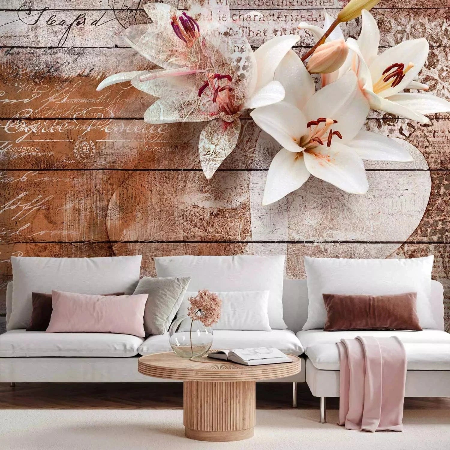 Fototapetes ar orhidejām uz brūna koka - istabas interjerā G-ART