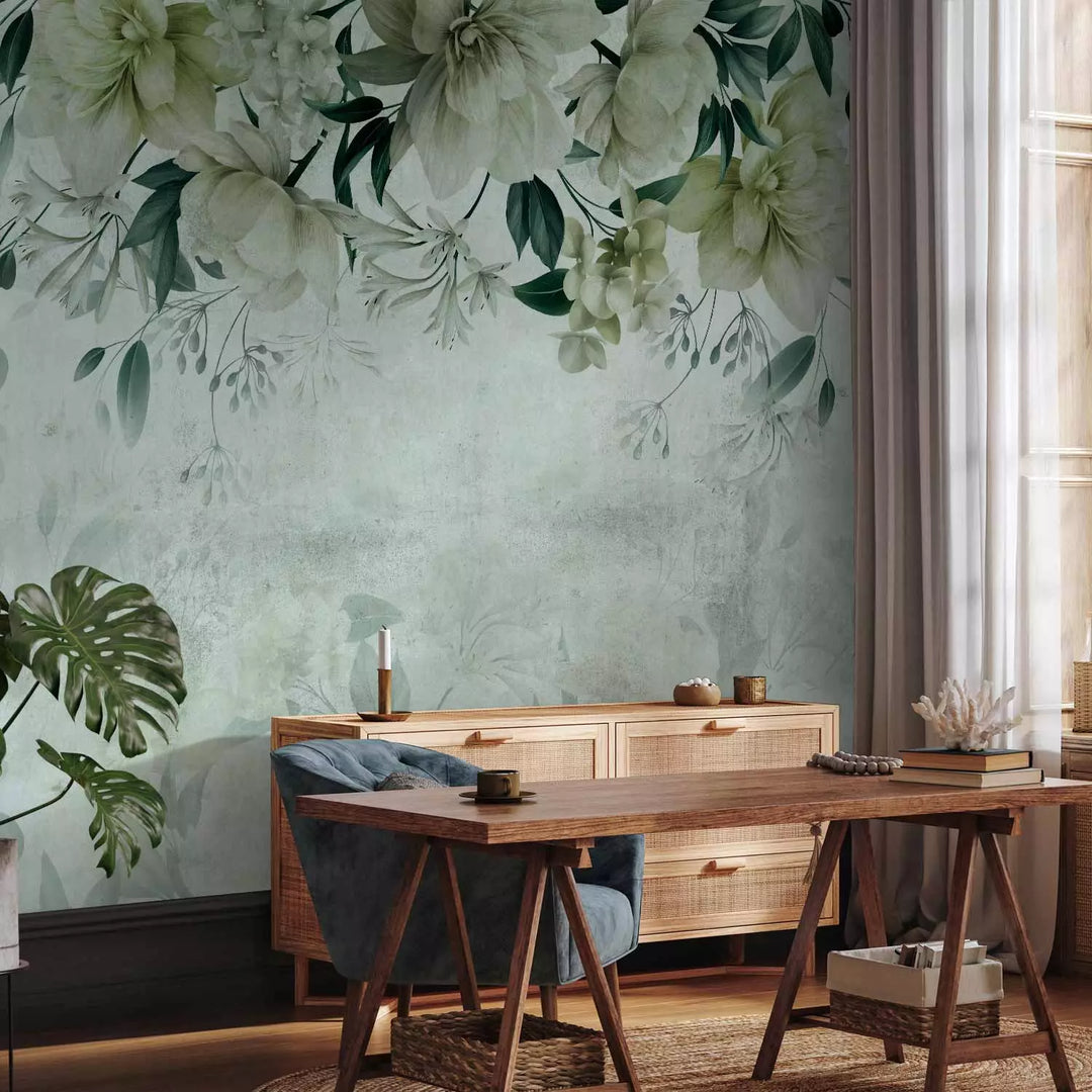 Fototapetes guļamistabai ar ziediem - ziedu kompozīcija zaļos toņos G-ART