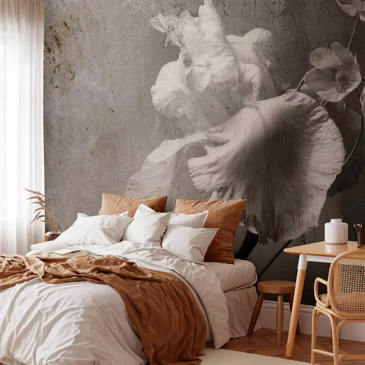 Fototapetes ar ziediem - vintāžas stila ziedu motīvs, pelēkā krāsā G-ART