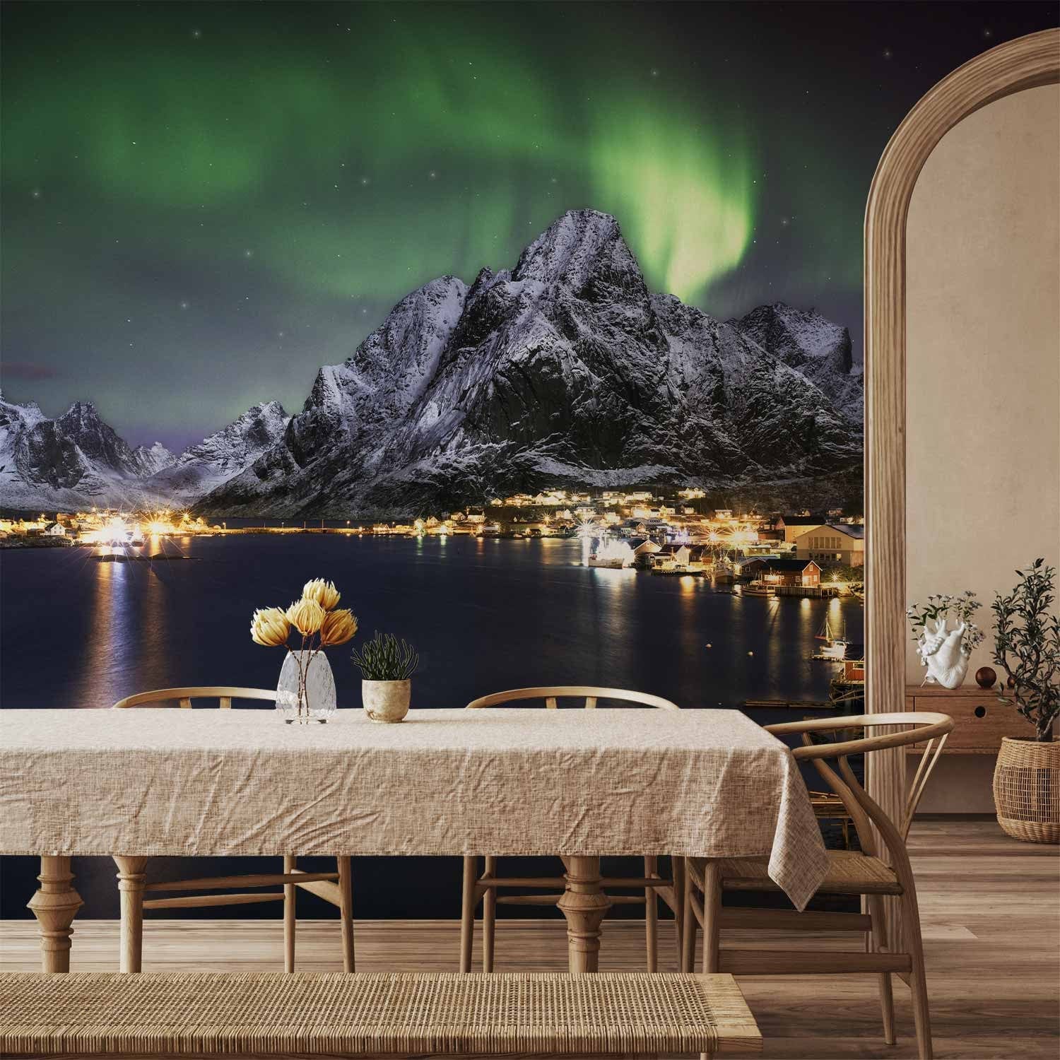 Fototapetes ar ziemeļblāzmu virs kalniem - Ziemeļblāzma - 62454  G-ART
