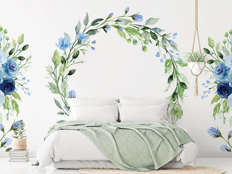 Wall Murals with blue roses on white background - Romantic wreath, 143087 G-ART