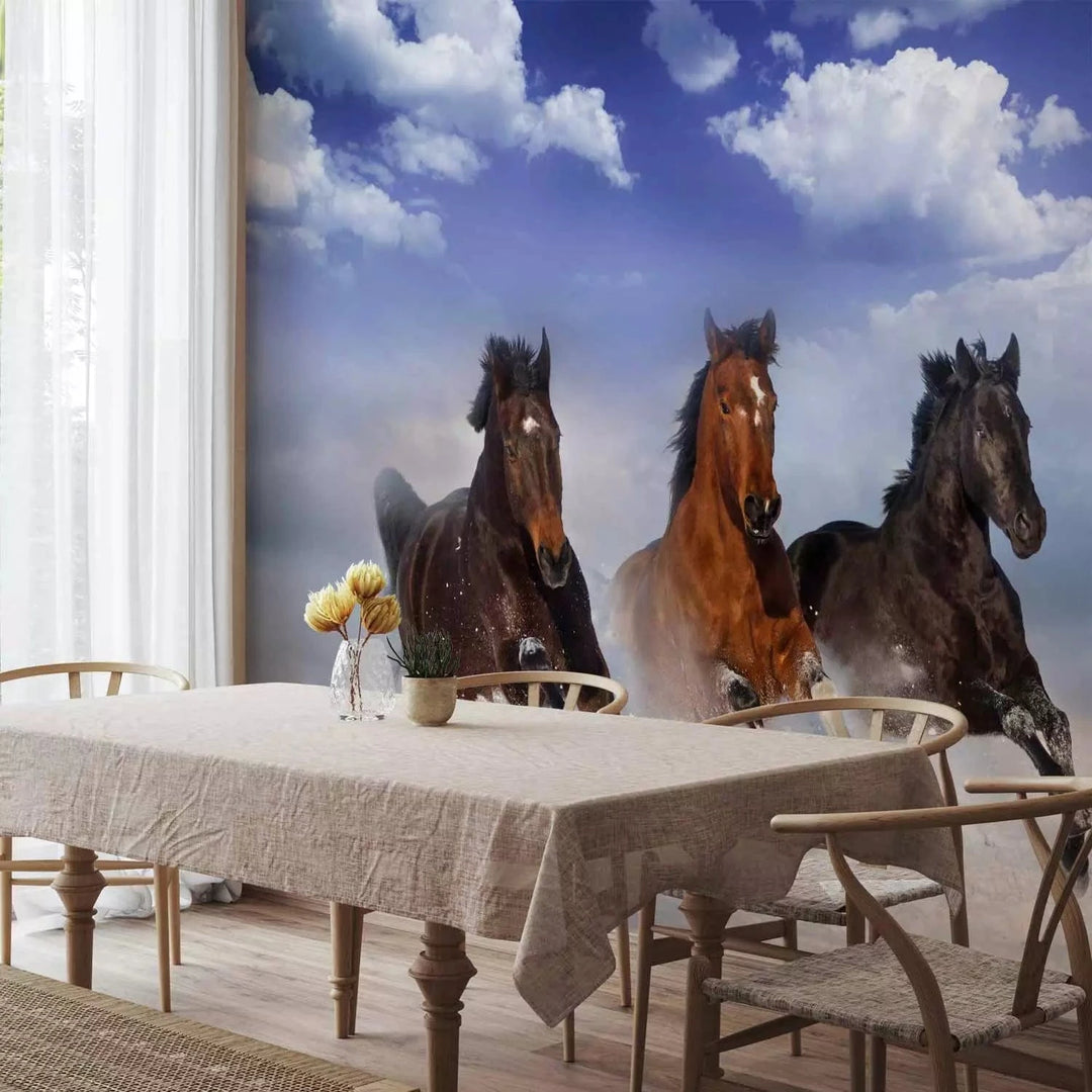 Fototapetes ar zirgiem - Zirgi pirmajā sniegā, uz zila fona G-ART